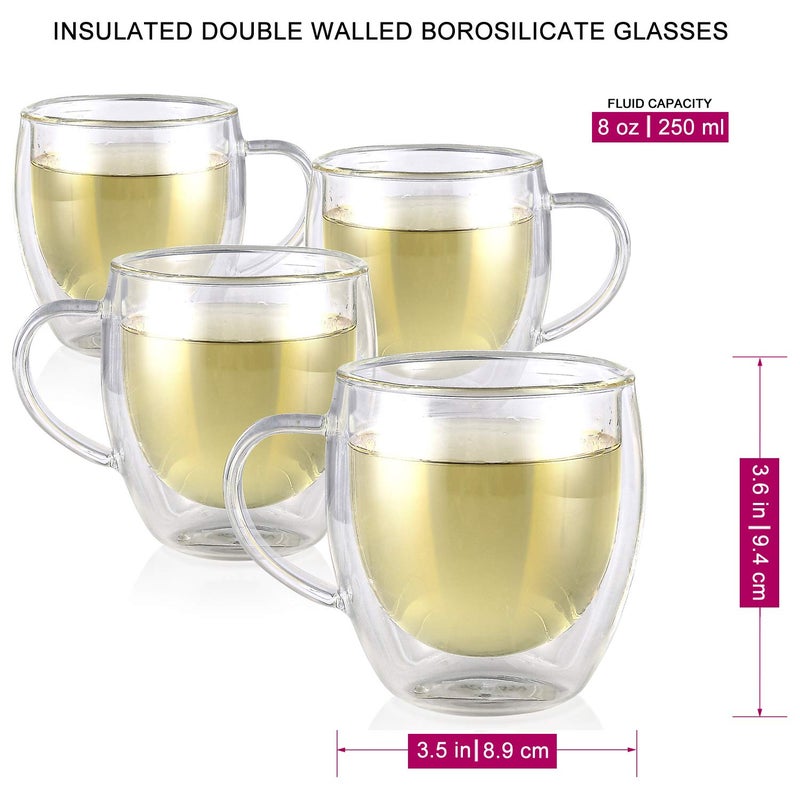 Teabloom Double Walled Cups â€“ 8 oz / 250 ml â€“ Set of 4 Insulated Glass Cups for Tea, Coffee, Espresso, and More â€“ Clarity Glasses - Image 4